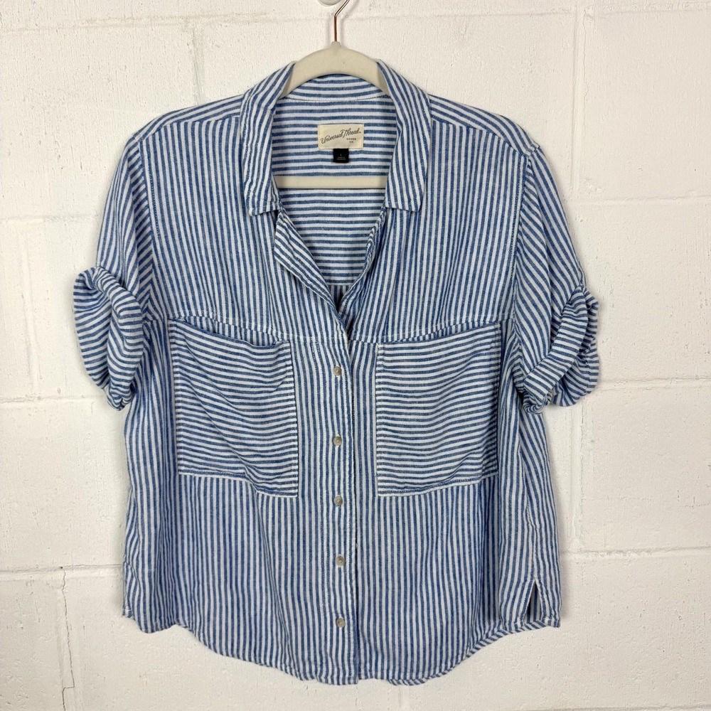 Universal Thread Linen Blend Button Up Top SZ L Striped Relaxed Beach Coastal